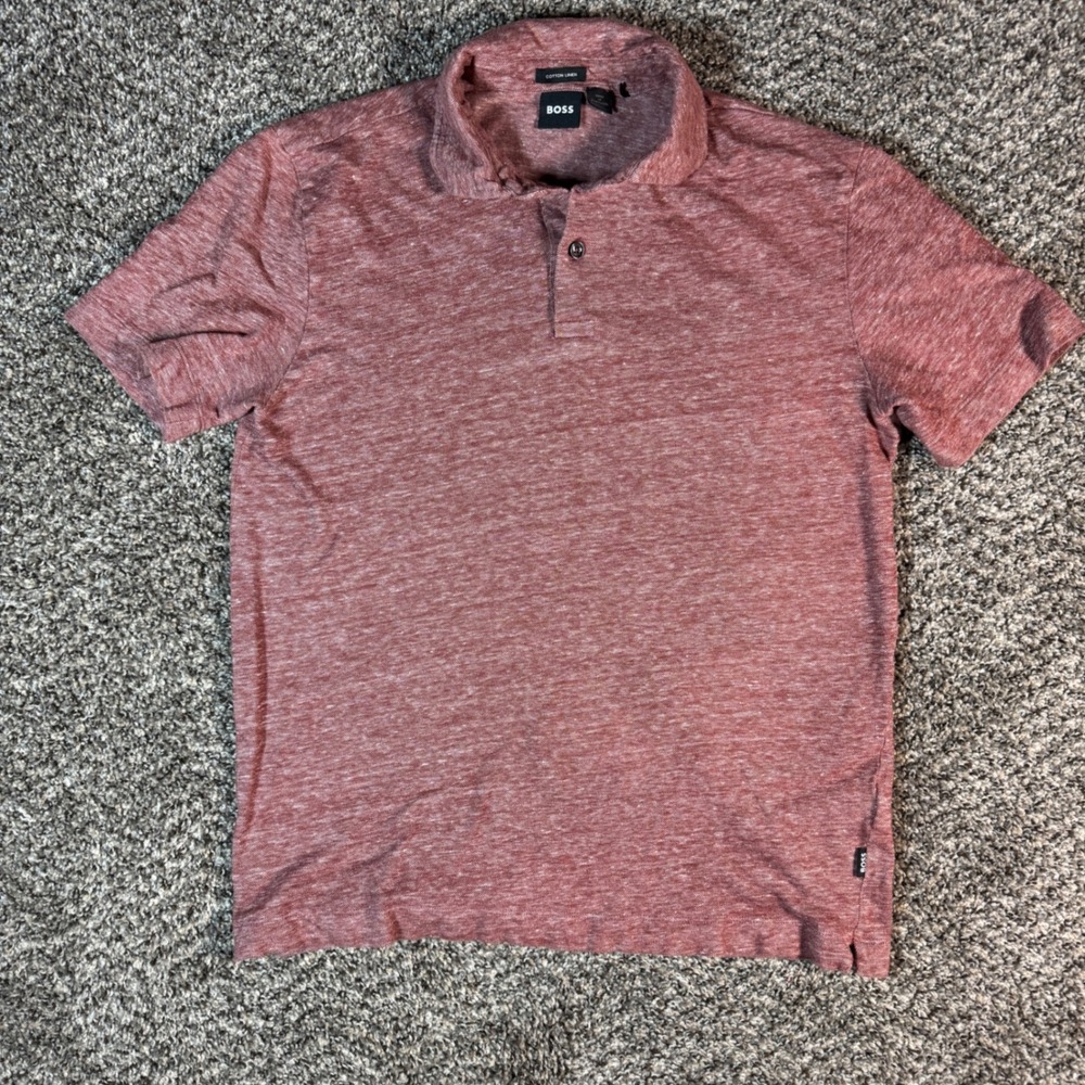Boss by Hugo Boss Mens M Cotton Linen Blend Polo Shirt Red Heather Short Sleeve